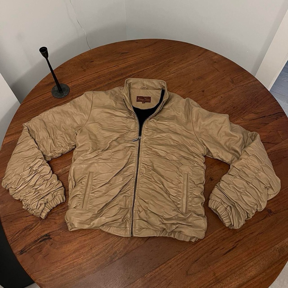 Tan Leather Bomber Jacket with Elastic Cuffs